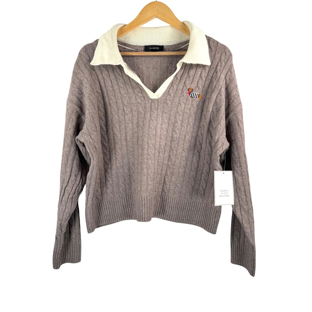 Calligraphie Cable Knit Sweater sz M Taupe Dachshund Polo preppy embroidered